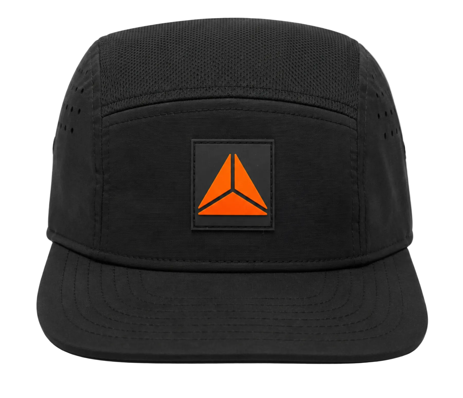 A black five-panel camp cap with a unstructured brim, featuring a square black patch on the front with Trika logo.
