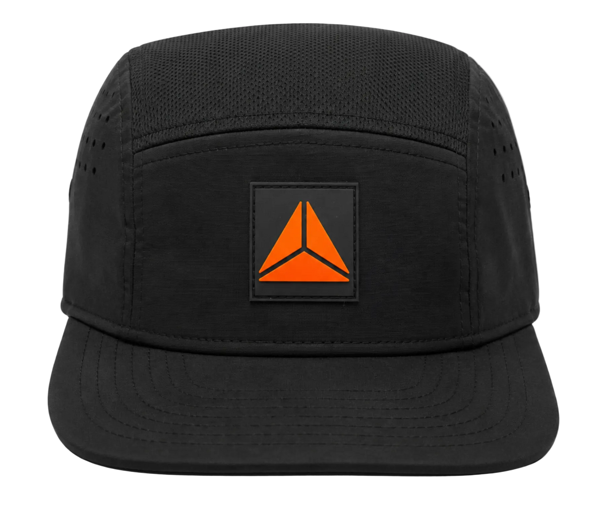 A black five-panel camp cap with a unstructured brim, featuring a square black patch on the front with Trika logo.